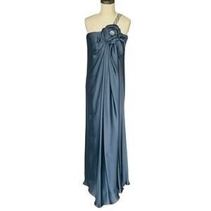 Marchesa Notte One Shoulder Blue Silk Rosette Long Gown Formal Dress